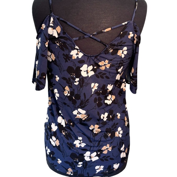Kaileigh Navy Off Shoulder Floral Top, Women Sz S, Back Criss Cross Design - Picture 3 of 11